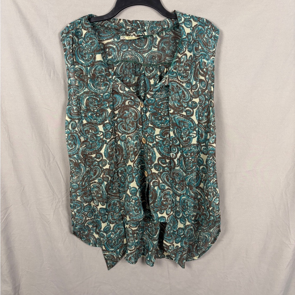 Delaine Sheer Paisley Blouse XL Teal Brown Sleeveless Tie Front Button Up Boho